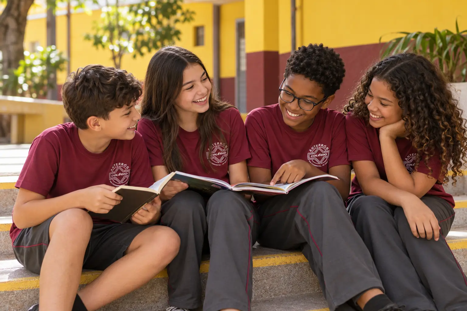 Alunos do Colégio Anterrós com a camiseta da escola lendo juntos no pátio